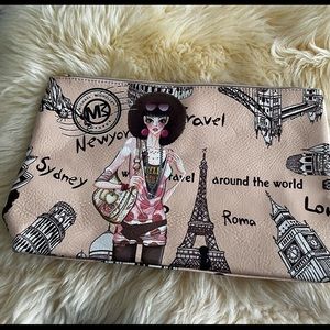 MM Tan Clutch Purse With Travel Theme